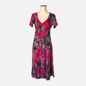 BB Dakota Silky Floral V-Neck Midi Dress Pink Black Blue Size 4